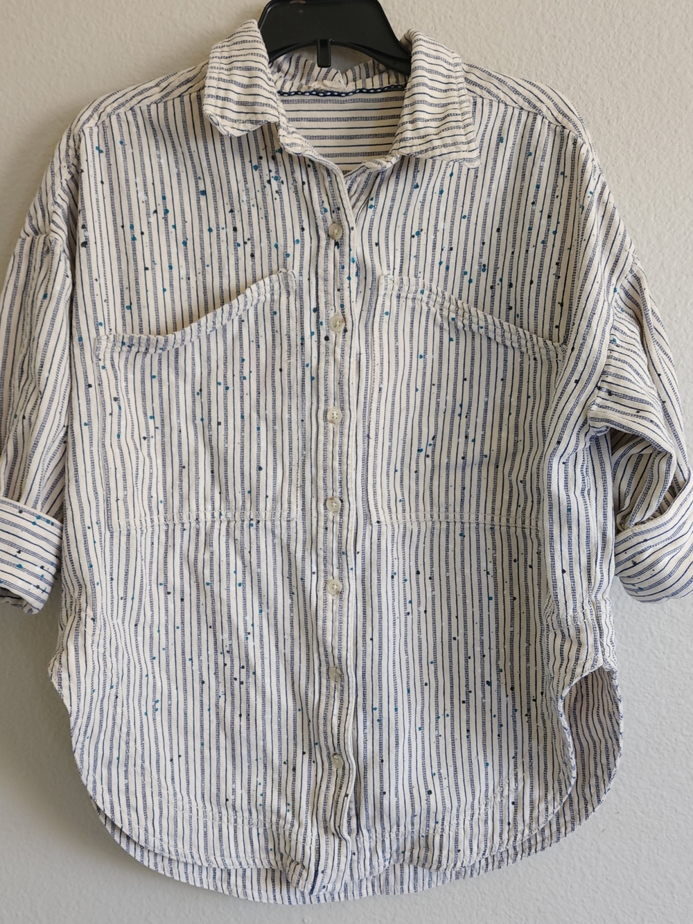 Anthropologie Pilcro Painter Button Down Shirt XXSP Blue White Stripe Splatter